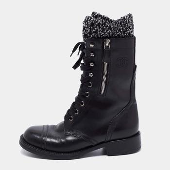香奈儿鞋是什么牌子, [二手商品] Chanel | Chanel Black Leather and Knit Fabric CC Combat Boots Size 36.5商品图片 满1件减$100, 满减