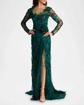 Tadashi Shoji | Floral-Embroidered Lace and Tulle Column Gown,商家Neiman Marcus,价格¥5444