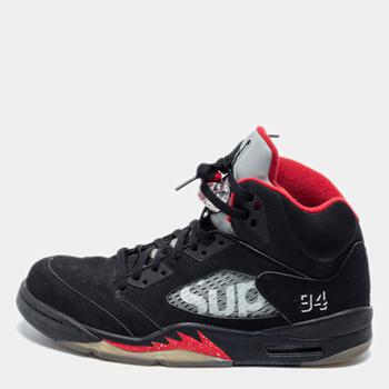 推荐Jordan Black Nubuck Leather Air Jordan 5 Retro Supreme High Top Sneakers Size 44商品