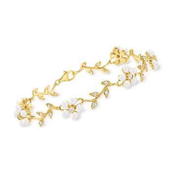 商品Ross-Simons | Ross-Simons 3-3.5mm Cultured Pearl and . CZ Floral Bracelet in 18kt Gold Over Sterling,商家Premium Outlets,价格¥1055图片
