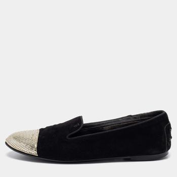 [二手商品] Tod's | Tod's Black/Gold Suede and Sequins Embellished Cap-Toe Slip-On Loafers Size 37.5商品图片,6.7折