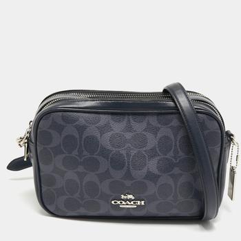 推荐Coach Navy Blue Signature Coated Canvas and Leather Jes Camera Crossbody Bag商品