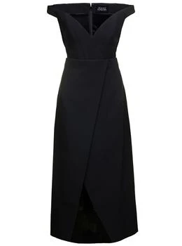 SOLACE LONDON | Black Midi Dress with Flared Skirt and Asymmetric Vent in Polyester Woman,商家Baltini,价格¥2189