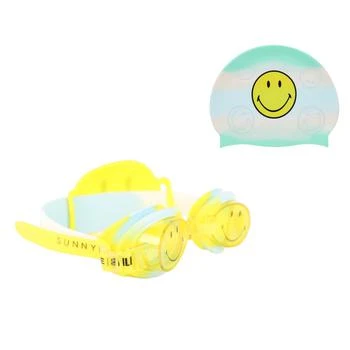 Sunnylife | Smiley mini swim goggles and swimming cap set in yellow green blue and white,商家BAMBINIFASHION,价格¥374