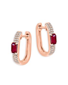 商品Ruby & Diamond Oval Hoop Earrings in 14K Rose Gold图片