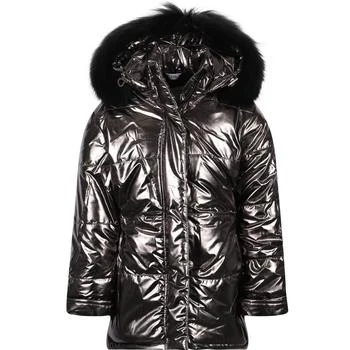 推荐Metallic winter jacket with faux fur hood trim in dark silver商品