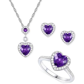 商品3-Pc. Set Amethyst (3-1/3 ct. t.w.) & Lab-Created White Sapphire (3/4 ct. t.w.) Heart Pendant Necklace, Ring, & Stud Earrings in Sterling Silver (Also in Additional Gemstones)图片