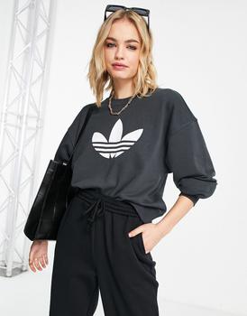 美国阿迪达斯, Adidas | adidas Originals '80's Aerobic' oversized sweatshirt with trefoil in black商品图片 