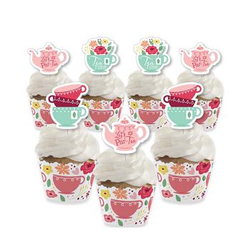 商品Floral Let's Par-Tea - Cupcake Decoration - Garden Tea Party Cupcake Wrappers and Treat Picks Kit - Set of 24图片
