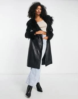 推荐Vila faux fur trim leather look coat with belt in black商品