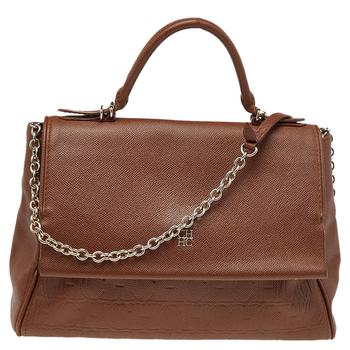 推荐Carolina Herrera Brown Embossed Monogram Leather Minuetto Flap Top Handle Bag商品