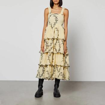 gani, Ganni | Ganni Floral-Printed Smocked Crinkled Georgette Tiered Midi Dress商品图片 额外7折, 满1件减$9, 额外七折, 满一件减$9