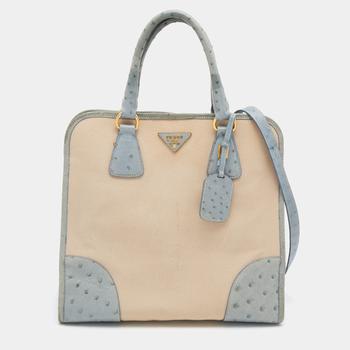 推荐Prada Blue/Beige Ostrich and Canvas Tote商品