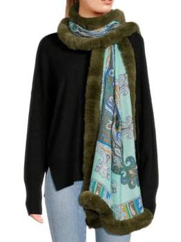 商品La Fiorentina | Paisley Print Faux Fur Trim & Wool Shawl,商家Saks OFF 5TH,价格¥1189图片