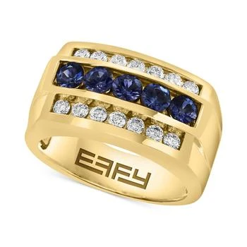 Effy | EFFY® Men's Sapphire (5/8 ct. t.w.) & White Sapphire (1-3/8 ct. t.w.) Three Row Ring in 10k Yellow Gold,商家Macy's,价格¥19639