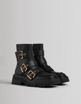 Bershka | Bershka chunky boot with square toe and buckle detail in black商品图片,