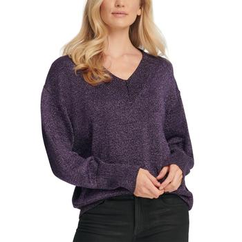 推荐DKNY Womens Metallic V-Neck Pullover Sweater商品