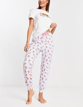 商品New Look Lazy Days dog t-shirt and jogger pyjama set in white图片