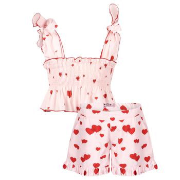 推荐Love hearts frilled top and red love heart print shorts in light pink商品