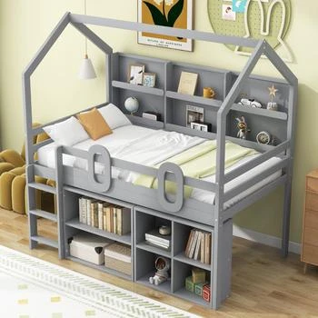 Simplie Fun | Twin Size House Loft Bed with Multiple Storage Shelves,商家Premium Outlets,价格¥4389