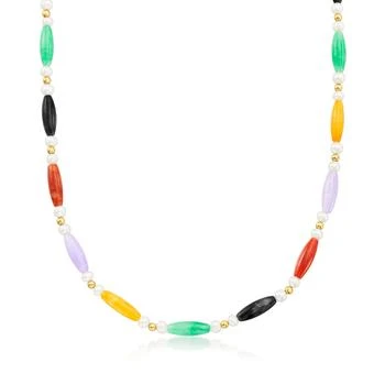 Ross-Simons | Ross-Simons 5x15mm Multicolored Jade Bead and 4-4.5mm Cultured Pearl Station Necklace With 14kt Yellow Gold,商家Premium Outlets,价格¥3679