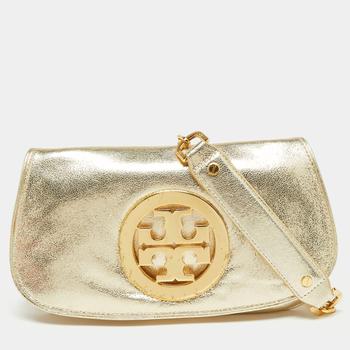 推荐Tory Burch Metallic Gold Leather Reva Logo Crossbody Bag商品