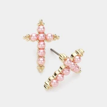 FASHNZFAB | Pearl Cross Stud Earrings - Gold, Pink,商家Premium Outlets,价格¥142