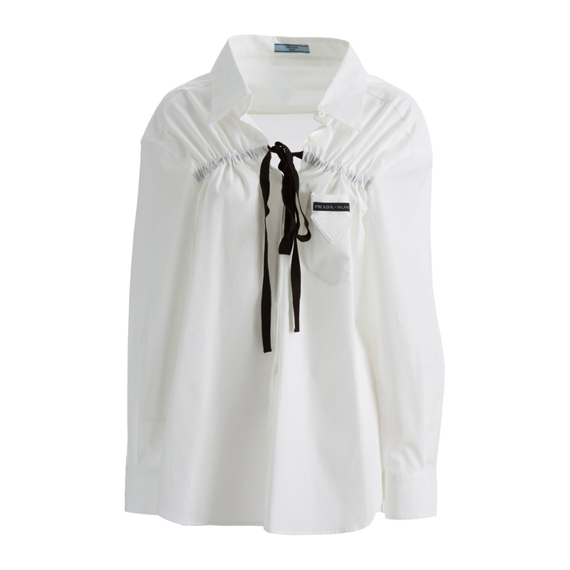 Prada | PRADA 女士白色黑色蝴蝶结系带长袖衬衫 P443E-1LZC-F0009商品图片,独家减免邮费