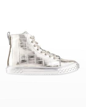 推荐Men's Blabber Metallic Croc-Embossed High-Top Sneakers, Silver商品