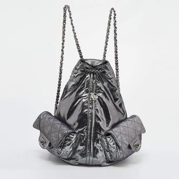 chanel包, [二手商品] Chanel | Chanel Metallic Dark Silver Quilted Leather Large Backpack is Back Backpack商品图片 7.9折, 满1件减$100, 满减