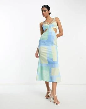 ASOS | ASOS DESIGN washed multi strap cut out midi dress in aqua geometric print 2.4折