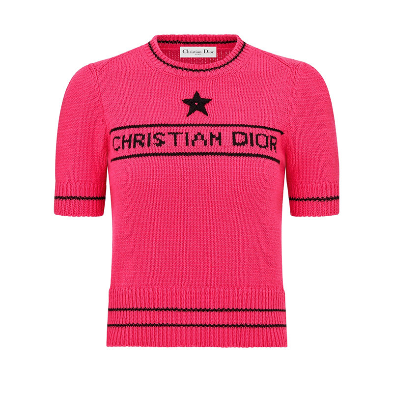 Dior | 【预售3-7天】DIOR/迪奥 22年早春新款 女士亮粉色羊毛和羊绒混纺针织面料标志星星图案刺绣短袖针织衫毛衣224S09AM308_X4800商品图片,7.9折, 包邮包税