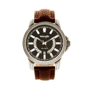 Wrangler | Men's Watch, 46MM Silver Sandblasted Case and Bezel, Black Dial, White and Beige Index Markers, Dual Crescent Cutouts For Date Function, Analog Watch with Beige Second Hand, Brown Strap 
