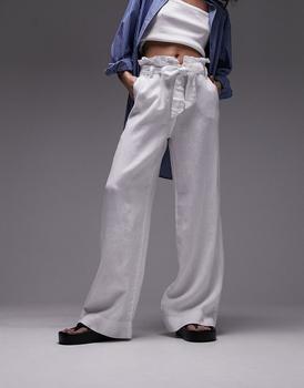 商品Topshop linen high waist paperbag wide leg trouser in white图片