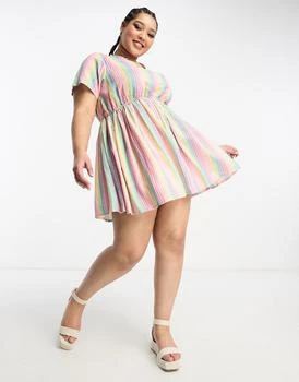 Daisy Street | Daisy Street Plus linen mini smock dress in rainbow stripe 