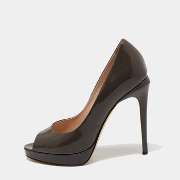 [二手商品] Fendi | Fendi Grey Patent Leather Peep Toe Pumps Size 37商品图片,