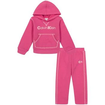 Calvin Klein | Little Girls Waffle-Knit Trimmed Fleece Hoodie and Wide Leg Pants, 2 Piece Set 