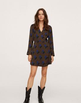 推荐Mango wrap around mini dress with retro floral detail in brown商品