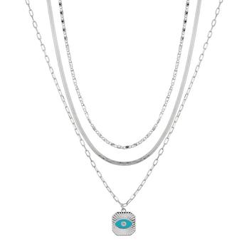 Unwritten | Fine Silver Plated Cubic Zirconia Evil Eye on a Link, Herringbone, Flat Circle Link Chain Necklace Set商品图片,6折×额外8.5折, 额外八五折