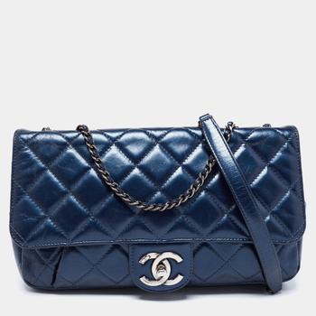 chanel包, [二手商品] Chanel | Chanel Metallic Blue Quilted Leather Coco Pleats Flap Bag商品图片 9.1折