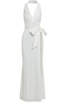 product Belted satin twill-paneled sequined mesh halterneck bridal gown image