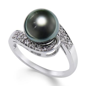 商品Cultured Tahitian Black Pearl (9mm) and Diamond (1/10ct. t.w.) Swirl Ring in 14k White Gold图片