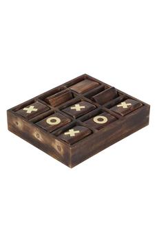 商品Dark Brown Mango Wood Tic Tac Toe Game Set with Goldtone Inlay图片