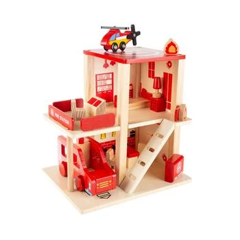 Trademark Global | Hey Play Fire Station Playset - Wooden Firehouse, Truck, Helicopter And Fun Firefighting Accessories, 3-Level Pretend Play Dollhouse 4.9折