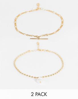 商品Liars & Lovers pearl drop and chain anklets 2 x multipack in gold图片