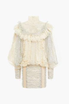 推荐Swiss-dot tulle-paneled ruffled metallic cotton-blend lace mini dress商品