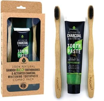 100% Natural Eco Soft Bristles Bamboo Toothbrushes & Charcoal Whitening Toothpaste Set, Whitens & Removes Stains - Eco-Friendly, BPA Free, & Biodegradable