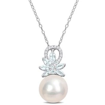 Mimi & Max | Mimi & Max 11-12mm Cultured Freshwater Pearl and 5/8ct TGW Aquamarine and Diamond Accent Flower Pendant with Chain in Sterling Silver,商家Premium Outlets,价格¥914
