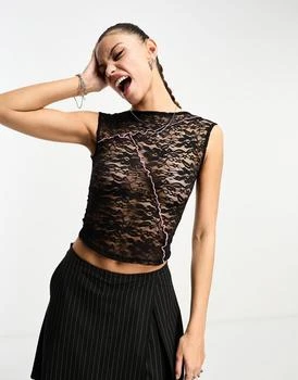 COLLUSION | COLLUSION exposed seams cap sleeve lace top in black 