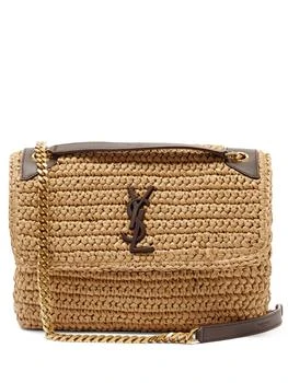 推荐Niki medium YSL-plaque raffia shoulder bag商品